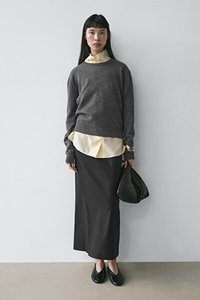 Massimo Dutti Keten karışımlı düz kesim midi etek