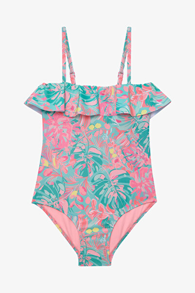 Penti Costum de baie fără bretele cu volane cu imprimeu frunze Bali pentru fe...