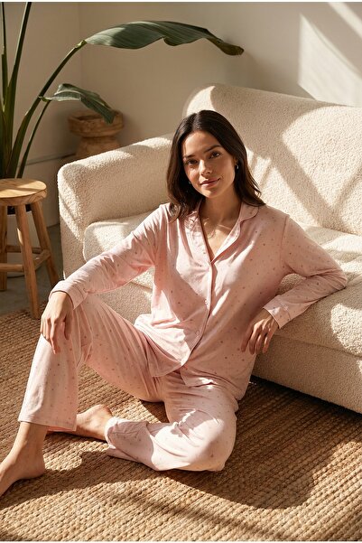 Espuar Women's Heart Patterned Front Buttoned Long Sleeve Pajama Set 778