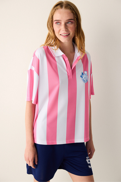 Penti Pembe Çizgili Sanrio Baskı Oversize Futbol Tişört