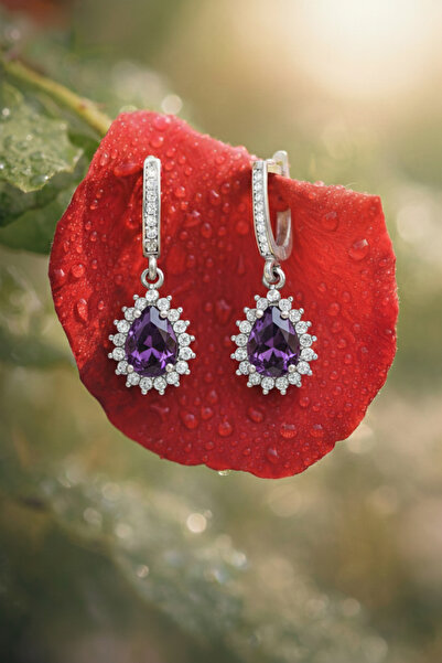 Silveranka 925 Ayar Gümüş Ametist Damla Taşlı Anturaj Küpe