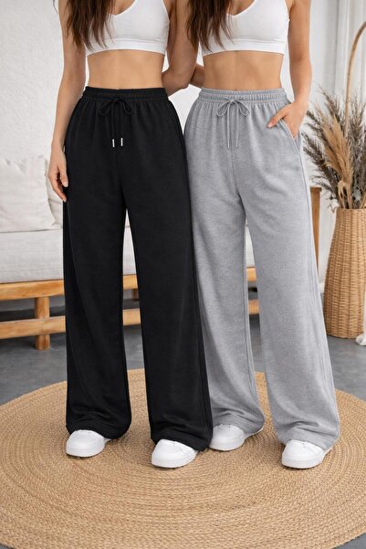 SULVERY İKİ ADET SİYAH GRİ DÜZ PAÇA BOL KALIP EŞOFMAN ALTI