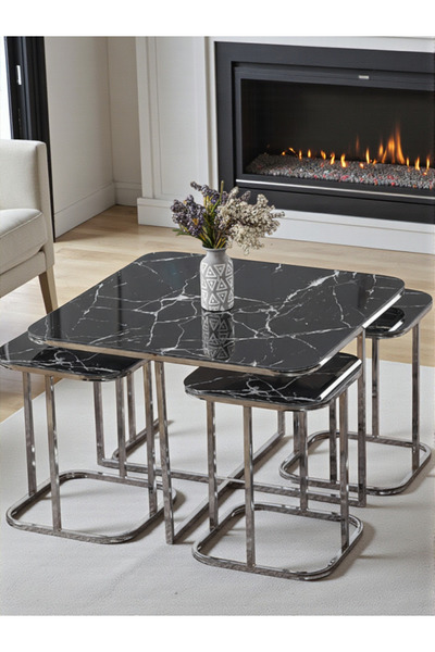 SEDAŞ LIVING UNITS 5 Li 4 1 Siyah Mermer Temperli Cam Gümüş Metal Ayak Takım ...