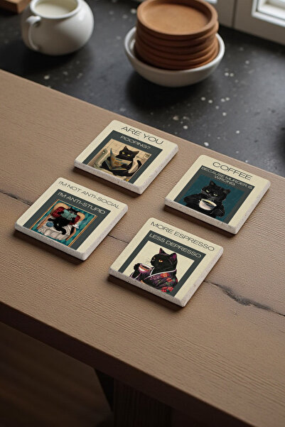 Baumatelier Siyah Komik Kedi Temalı Pop Art Kedi Doğal Taş Traverten Bardak A...