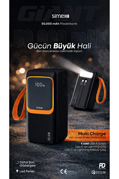 Simex 50.000 Mah Prime Dijital Göstergeli Fener Hızlı Şarj  Çoklu Kablo Power...