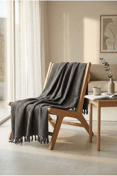 Lucy and Home شال أريكة أنثراسايت مهدب / غطاء تلفزيون / رمي 130x170 سم