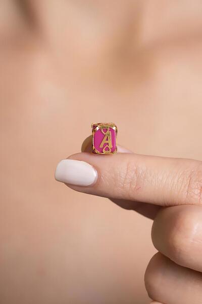 Bayar Gold 14 Ayar Altın Kafesli Pembe Boncuk A Harf Kolye Ucu