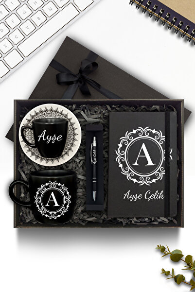 AS&GİFT Kişiye Özel Siyah Defter & Fincan & Kupa & Kalem Hediye Seti