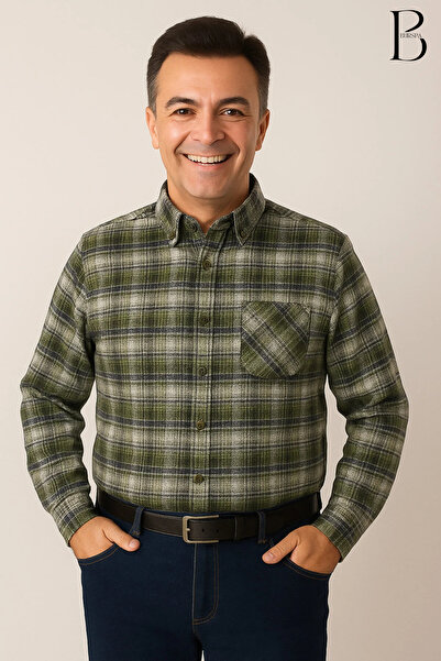BURSPA Rahat Kesim Çizgili Kareli Kışlık Erkek Baba Gömlek