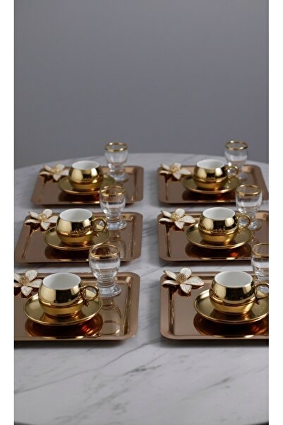 SİNİ Papatyalı Paslanmaz Çelik 6 Adet Kare Lüx Rose Kahve, Çay Sunum Servis T...