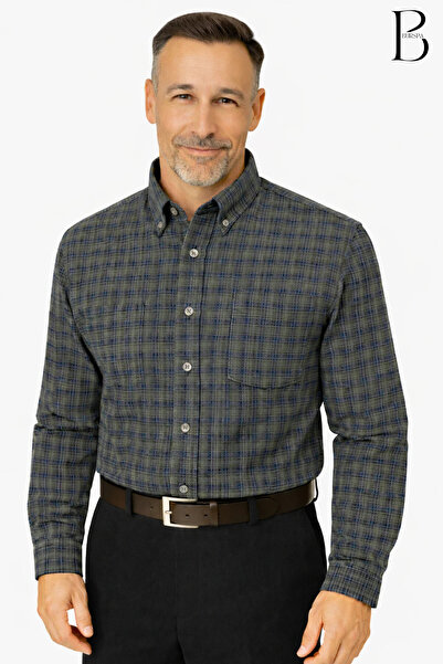 BURSPA Cămașă de iarnă pentru bărbați, cu dungi în carouri, cu croiala relaxată