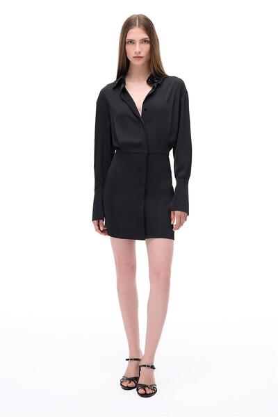 Perspective Black Shirt Collar Above Knee Dress