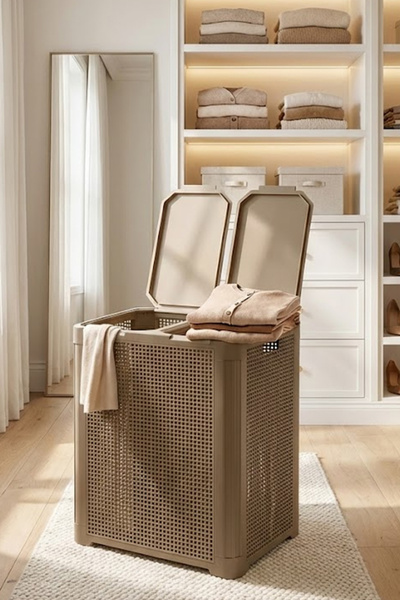 EFFE HOME Çift Gözlü Kapaklı Çamaşır Sepeti Kirli Sepeti