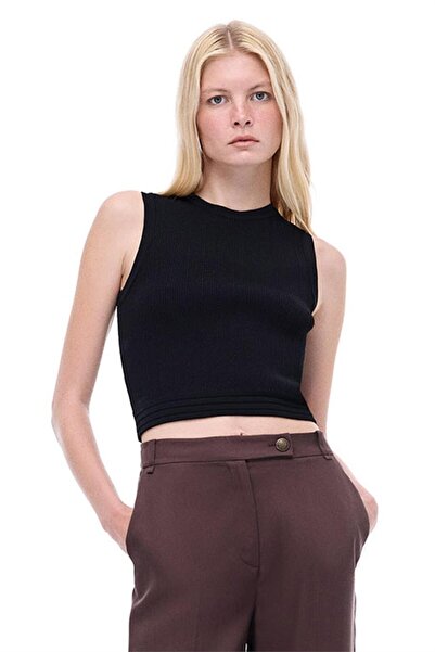 Perspective Triko Slim Fit Crop Boy Sıfır Kol Bisiklet Yaka Siyah Bluz