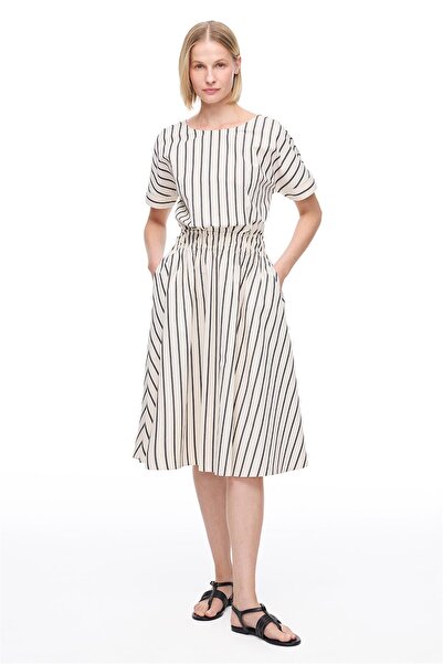 Perspective Cream Striped Cotton Above Knee Dress