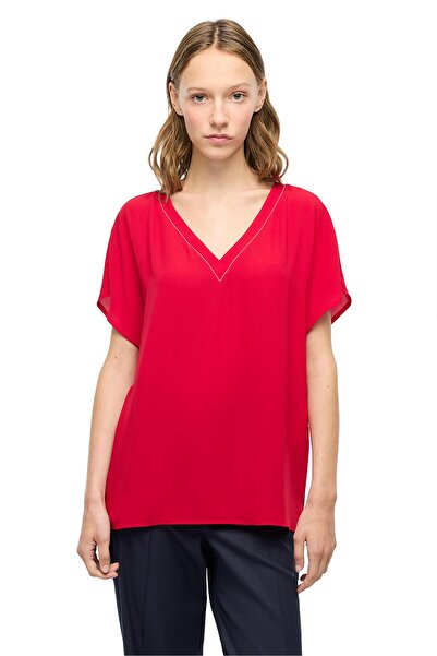 Perspective Red V-Neck Comfortable Fit Blouse