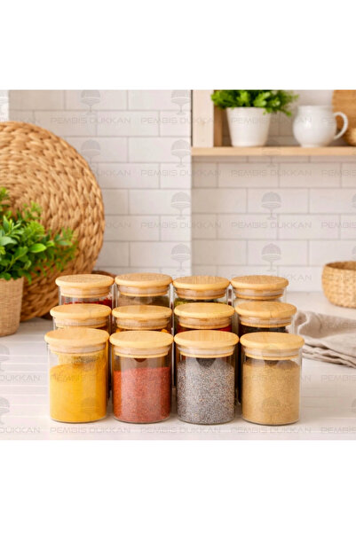 Kitchen Pembelia 12'li 250ml Bambu Vakumlu Kapaklı Baharatlık Seti Baharatlık...