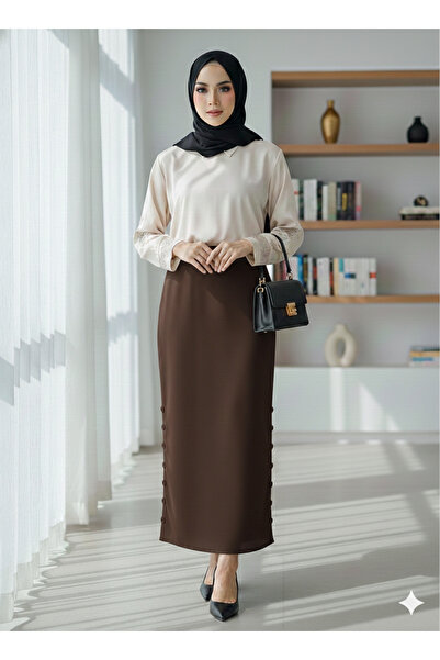 Marina Trend Black Hijab Pencil Skirt with Side Button Detail - High Waist St...