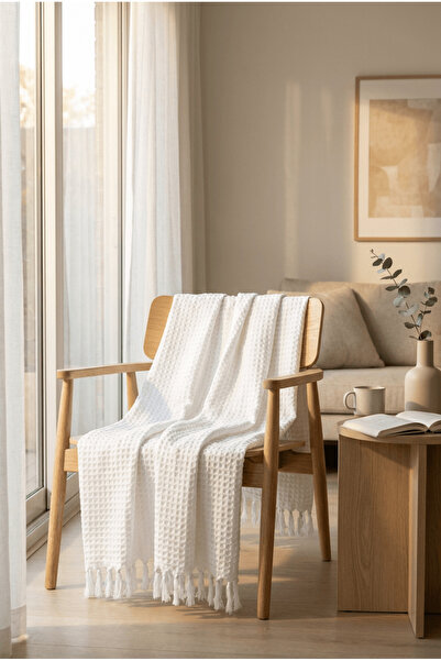 Lucy and Home Şal pentru canapea albă / Husă TV / Aruncare 130x170 cm (Fringe...