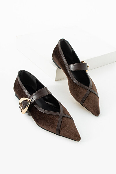 diclepolat Women's Brown Velvet Ballerina Flats with Pointed Toe and Buckle C...