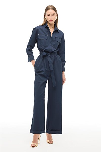 Perspective Navy Blue Shirt Collar Pipe Leg Jumpsuit