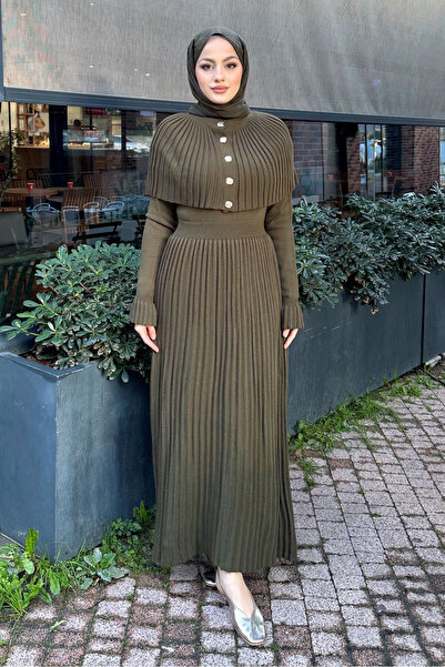 Ovn. Pelerinli İki Parça Triko Elbise - Haki