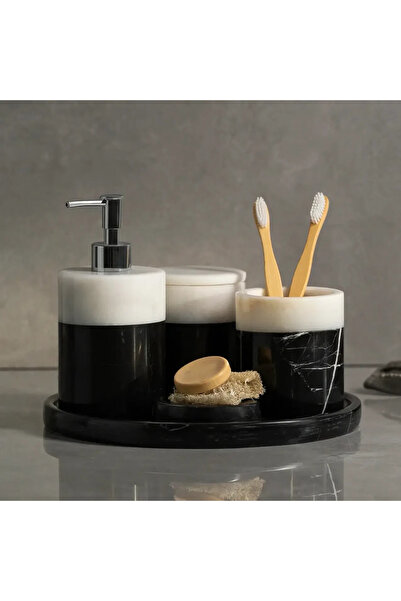 Qua Home Rizz Mermer 5 li Banyo Seti Siyah Beyaz