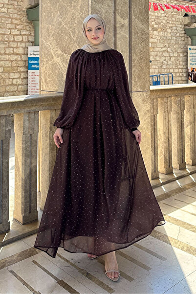 Ovn. Rosalina Taşlı Şifon Elbise - Kahverengi