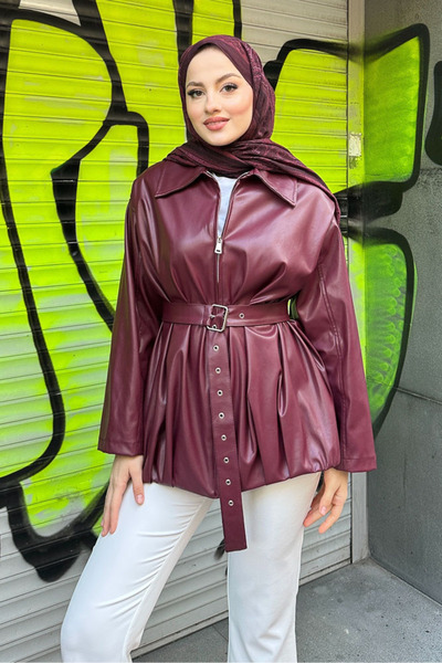 Ovn. جاكيت جلد بياقة وسحاب - أحمر داكن