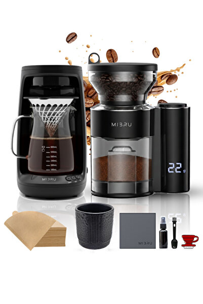 MIBRU طقم ماكينة قهوة احترافية V60 مكون من 8 قطع: مطحنة كهربائية وماكينة تقطي...