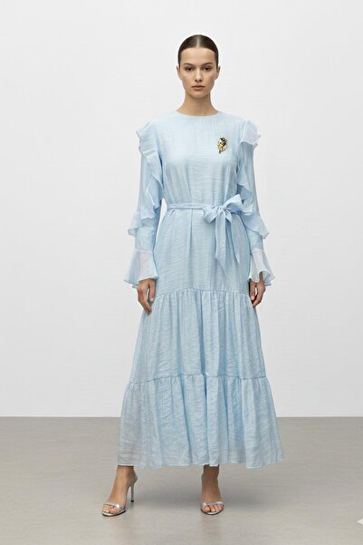 Puane Ruffle Sleeves Belted Layered Long Dress-12673 - Blue