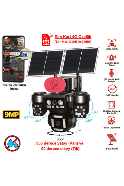 VOREX Apronx 9MP 4G Solar PTZ Kamera | 3 Ekran Üçlü Görüş | 12W Çift Panel | ...