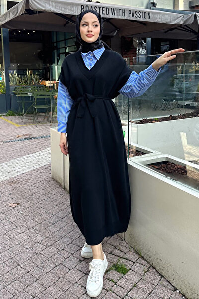Oven Poplin Detaylı Triko Elbise - Siyah
