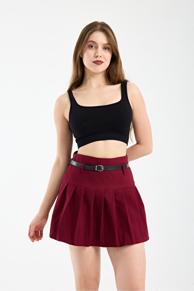 İLKCET MODA Жіночі бордові шорти з поясом і складками