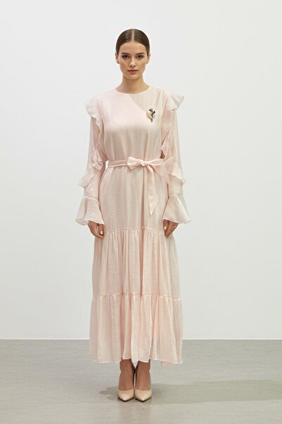 Puane Rochie lungă cu mâneci cu volane și cordon în talie-12673 - ROZ