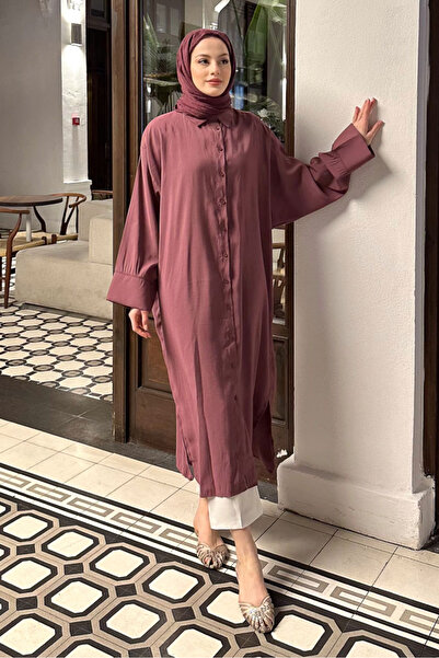 Ovn. Uzun Tencel Gömlek - Mürdüm