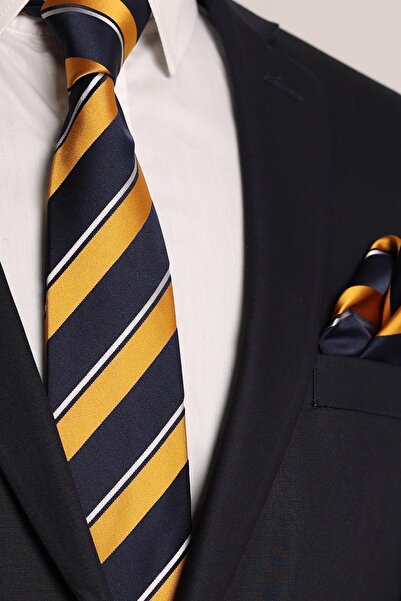 Esgue Hand Made 7.5 Cm Çizgili Sarı & Lacivert Kravat & Mendil