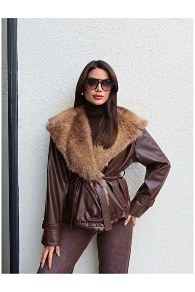 ESRAHELVACI Kožená bunda s kožešinovým límcem a páskem