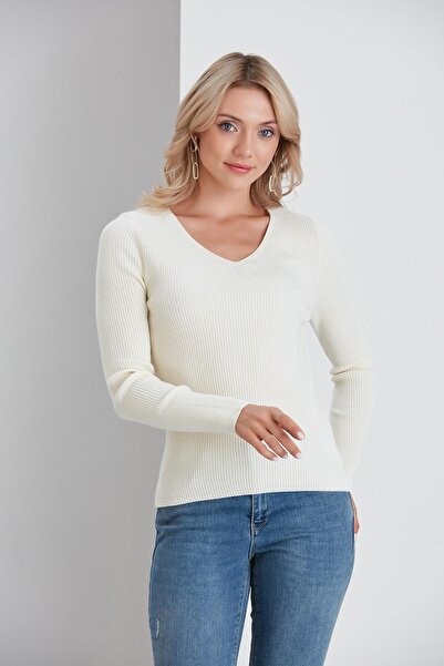 nurneva Pulover basic cu decolteu în V de culoare ecru