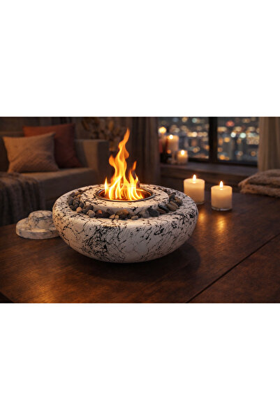 aksenbirstore DEKORATİF MASA ÜSTÜ YUVARLAK ATEŞ ÇUKURU TAŞ ŞÖMİNE-500 ML YAKI...