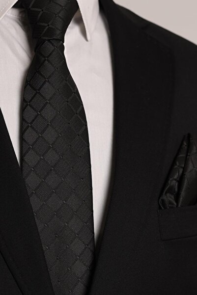 Esgue Hand Made 7.5 Cm. Ekose Desenli Siyah Kravat & Mendil