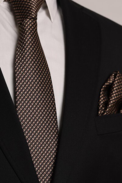 Esgue Cravată și batistă cu model bej și maro, realizate manual, 7,5 cm