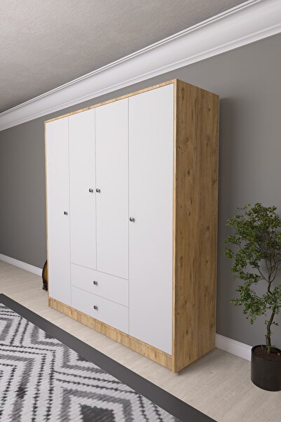 Mirobi Hedamis 4 Kapaklı Gardrop 2 Çekmeceli 10 Raflı Geniş Dekoratif Gardıro...