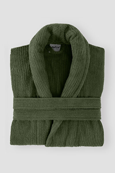 Ellaline Зелен халат с ивици 100% сертифициран памук Шаловена яка Унисекс хал...