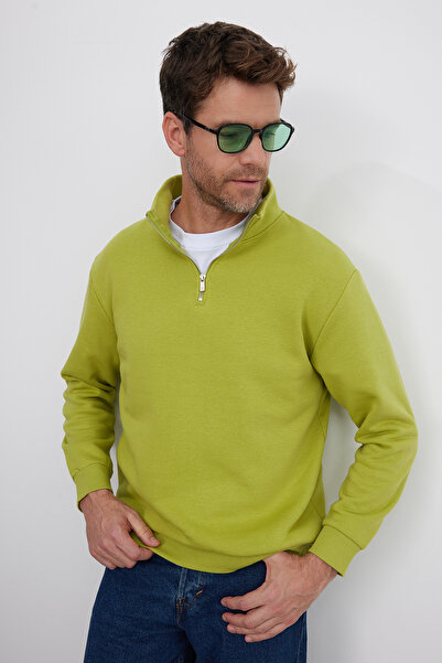 Tudors Unisex relax fit comfortable cut cotton fleece lined half zip green hi...