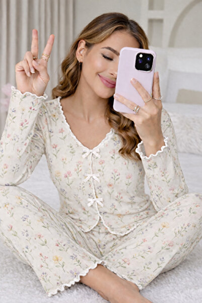 Silona Homewear Mirana Gül Desenli Fiyonklu Kadın Pijama Takımı