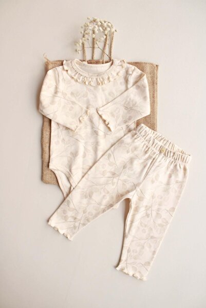 OhlalaKoala Krem Dal Desenli Fırfırlı Body Tayt Takım