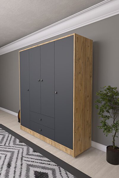 Mirobi Hedamis 4 Kapaklı Gardrop 2 Çekmeceli 10 Raflı Geniş Dekoratif Gardıro...