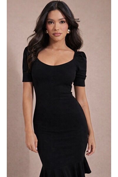 Be Best Μαύρη φούστα με βολάν με μανίκια μπαλόνι πλέξη ριμπ Maxi φόρεμα BE198