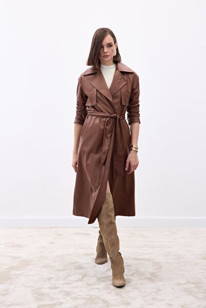 Sateen Trench lung din piele cu curea - maro